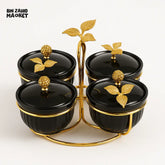 BLACK AND GOLD 4 PIECE CONDIMENT JAR SET WITH TRAY AND CRYSTAL KNOB LIDS -  ZQ-110-4